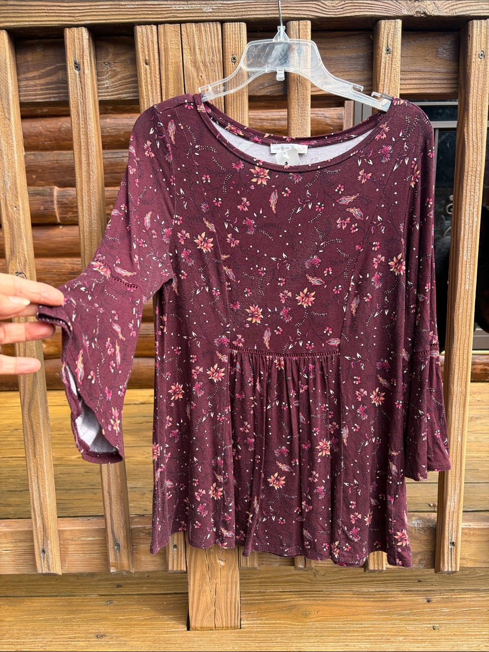 Ladies top Floral Peplum Long-Sleeve Top - Burgundy